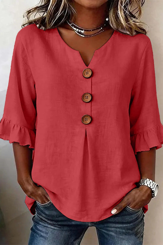 Fashionable Cotton Linen V-Neck Button-Up Blouse for Women Summer Casual Top 