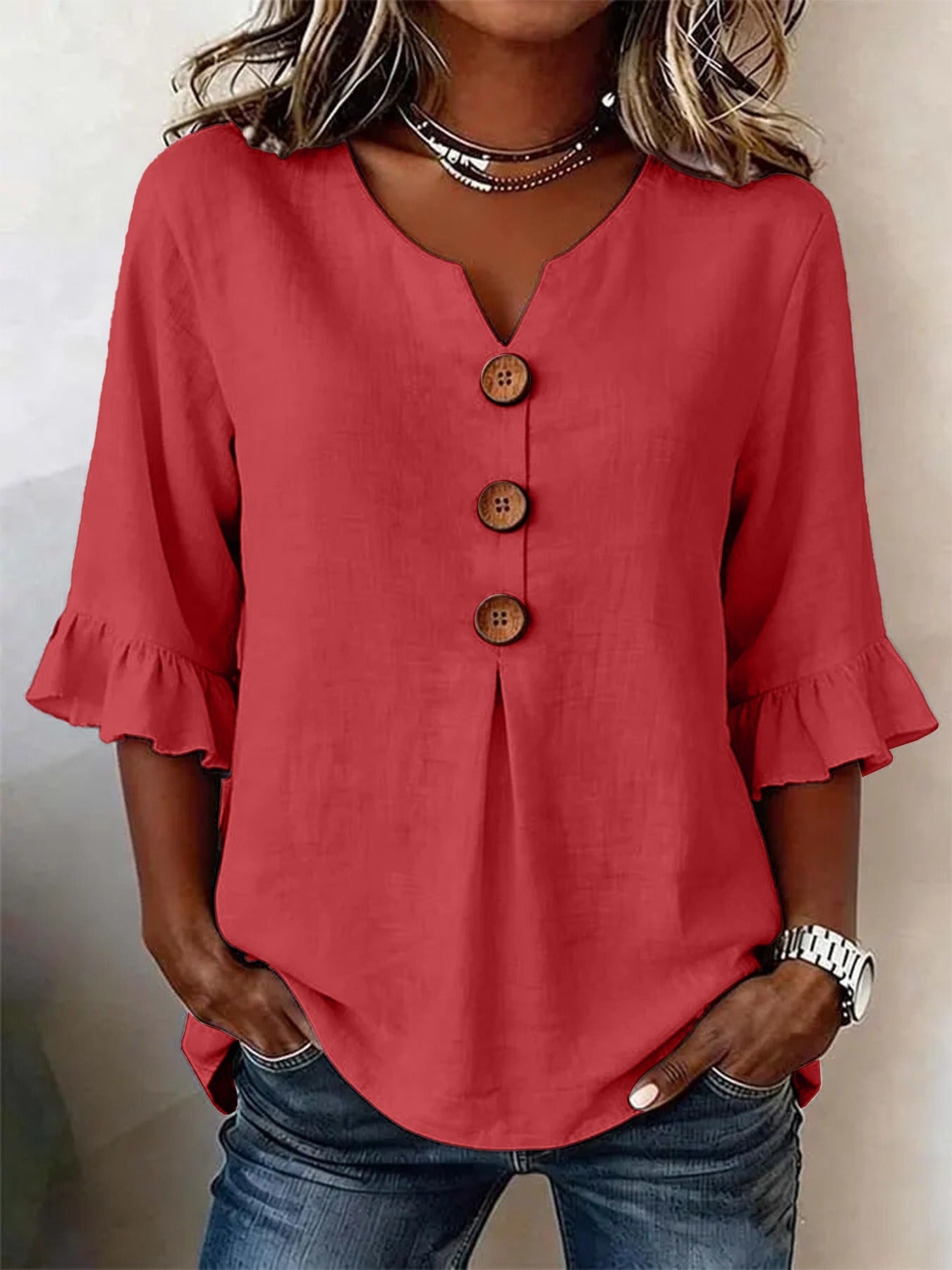 Fashionable Cotton Linen V-Neck Button-Up Blouse for Women Summer Casual Top 