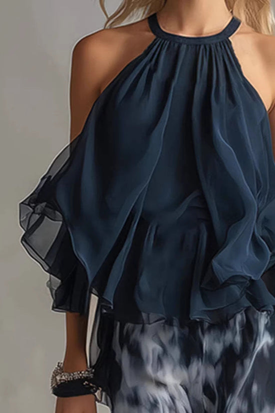 Sleeveless camisole collar top and printed wide leg pants chiffon set 