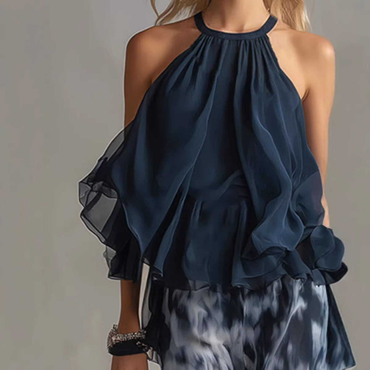 Sleeveless camisole collar top and printed wide leg pants chiffon set 