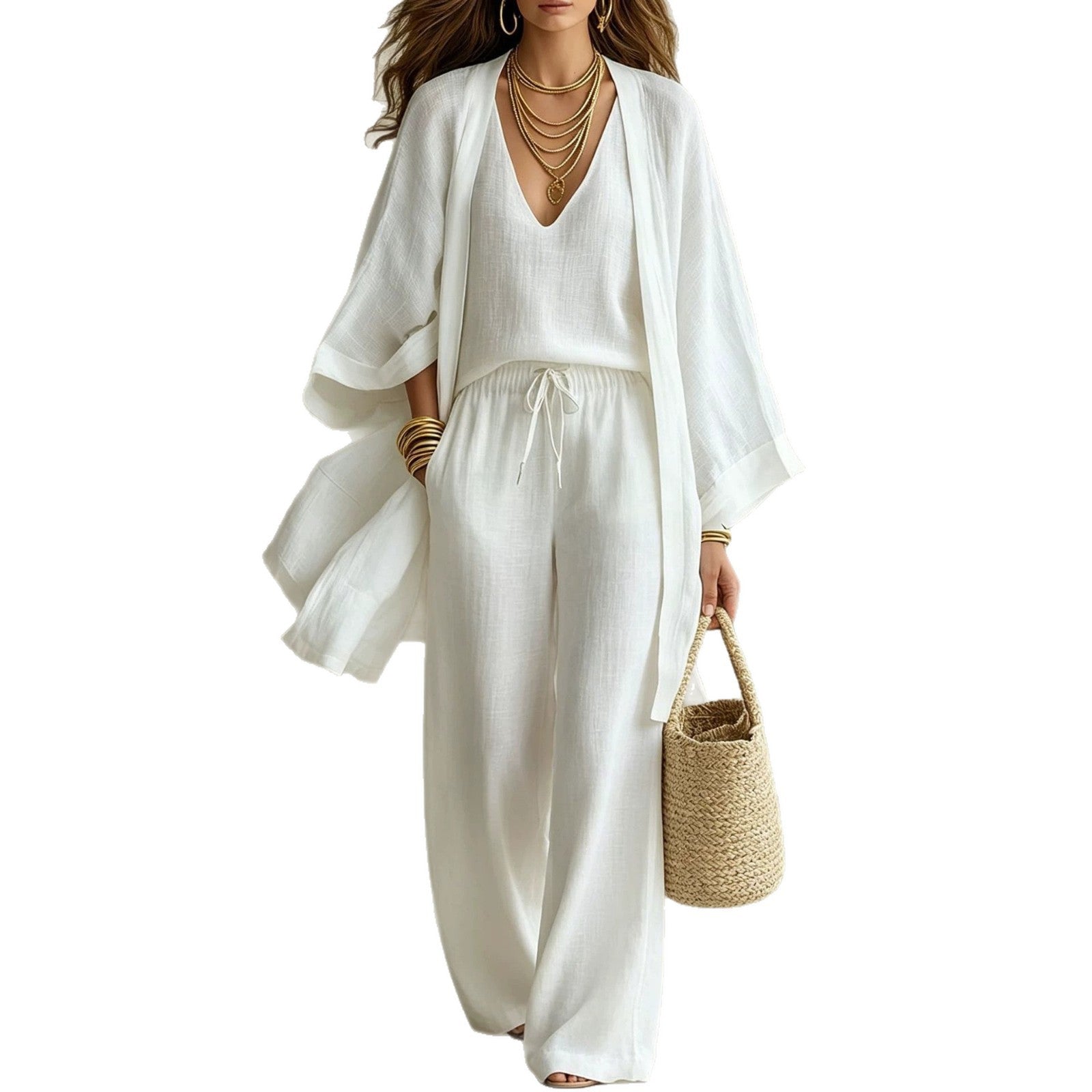 Loose cardigan sleeveless vest long pants three piece set for women
