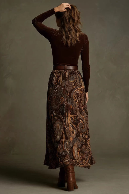 Slim fit printed long skirt set with belt 