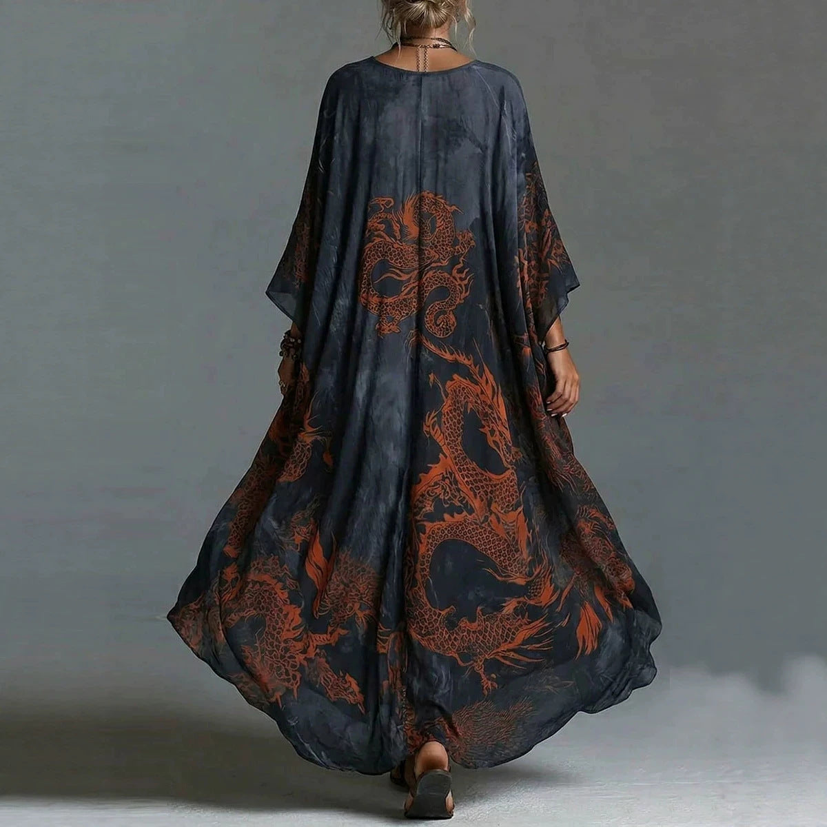 Dragon print beach vacation long dress outerwear 