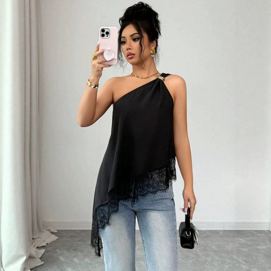Slanted shoulder metal buckle lace patchwork irregular loose vest for women 