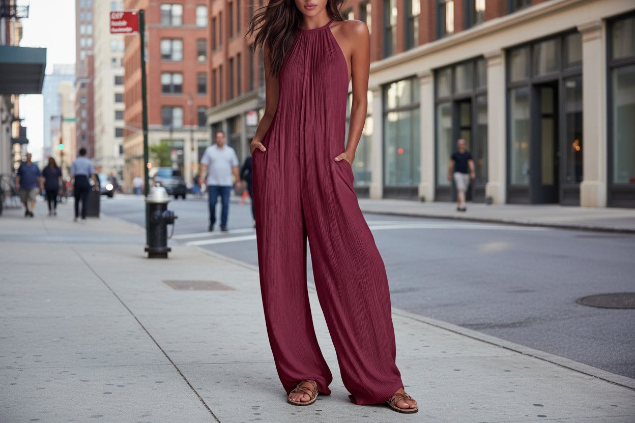 Resort-style White Pleated Open-back Wide-leg Jumpsuit 