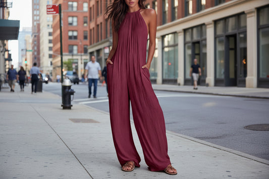 Resort-style White Pleated Open-back Wide-leg Jumpsuit 