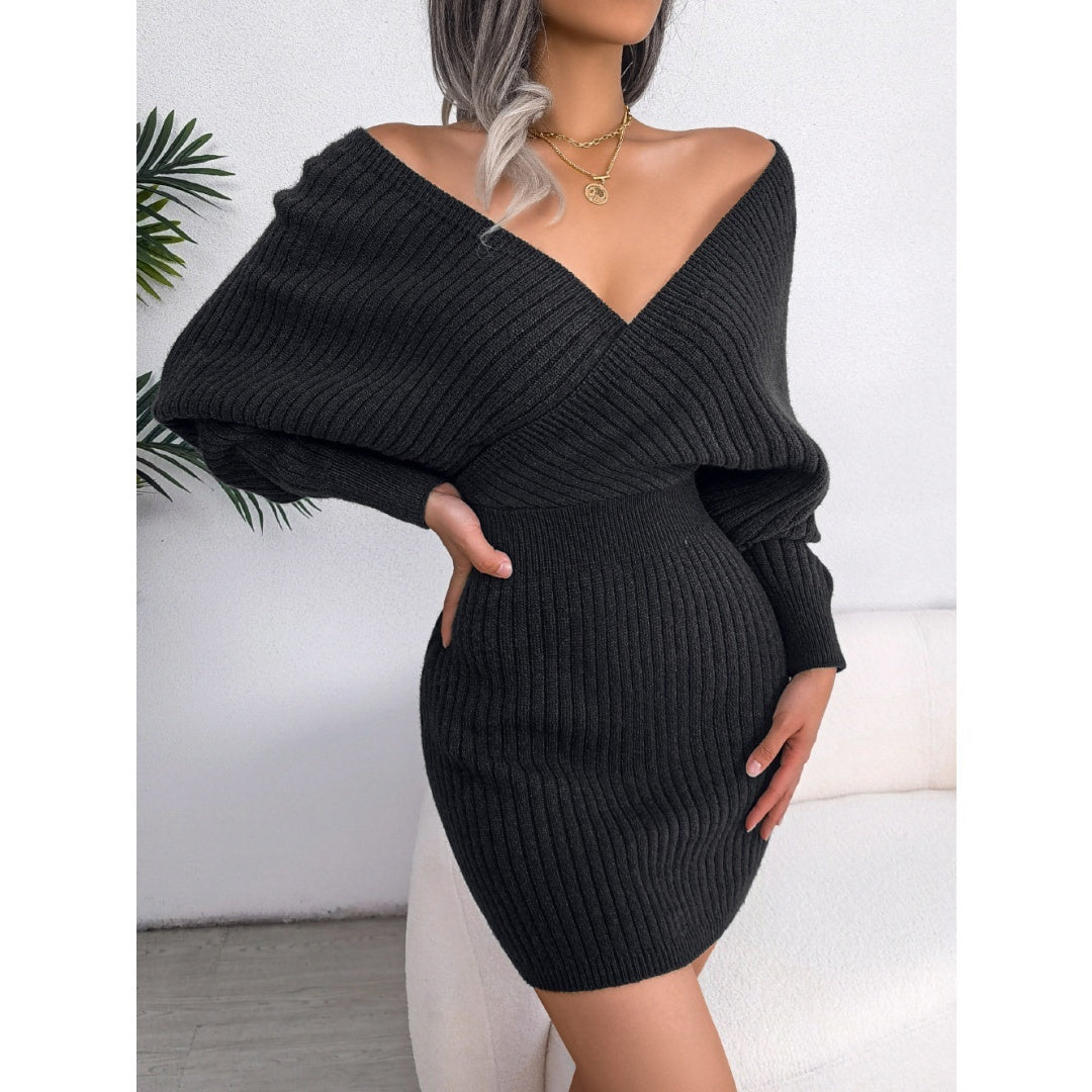 2025 Autumn-Winter Sexy Cross V-neck Bat Skirt With Hip Wrapping, Hairy Dress CJ US