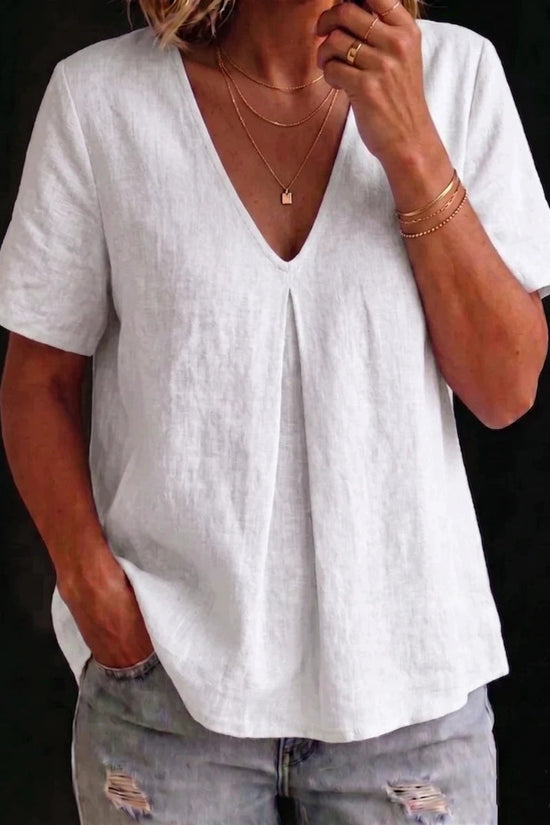 Women's Solid-Color Pleated Cotton-Linen Short-Sleeve Shirt T-Shirt 