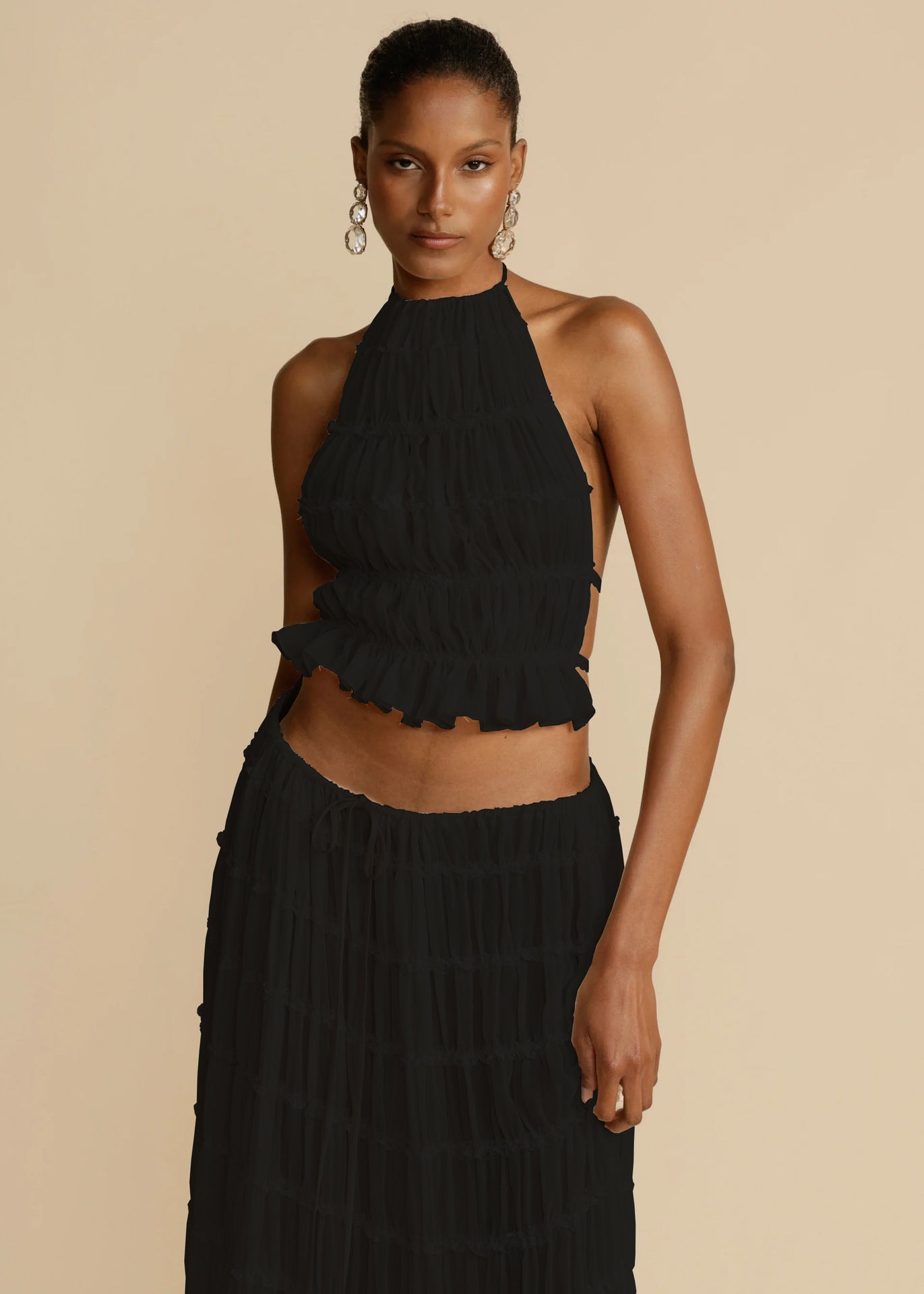 2pcs Women's Dress Suit Sexy Sleeveless Backless Cropped Halter Top And Pleated Long Skirt Beach Clothing FitiqueFit
