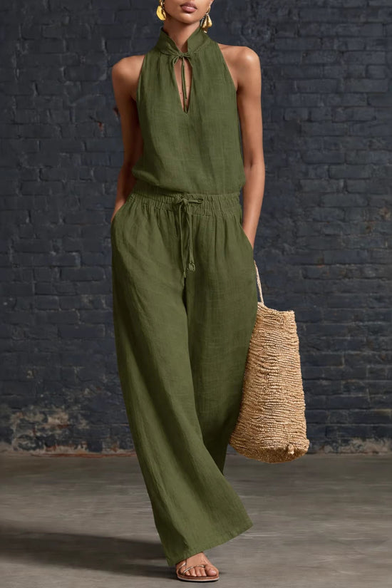 Urban-style Cotton And Linen Top And Wide-leg Pants Set 