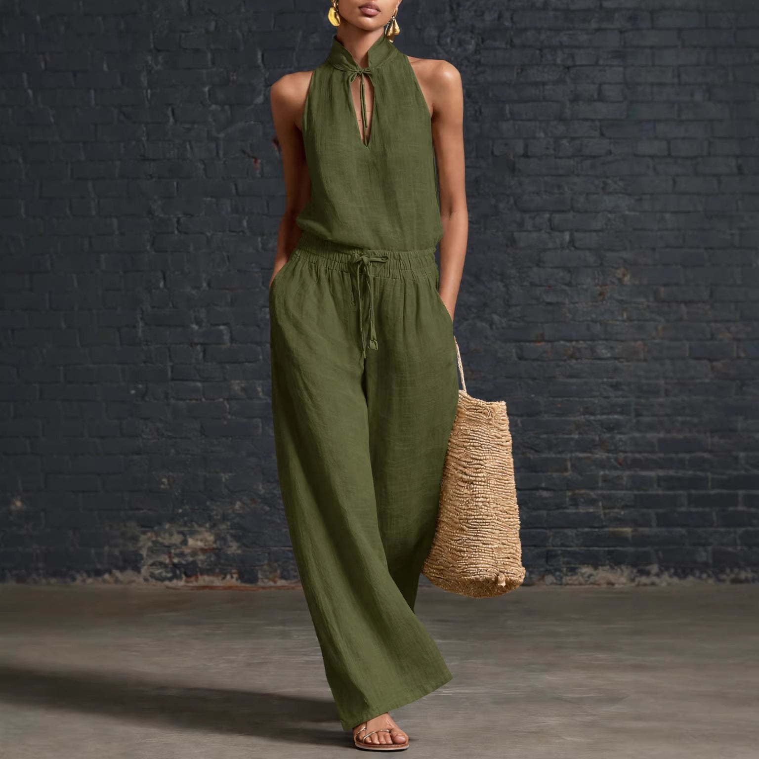 Urban-style Cotton And Linen Top And Wide-leg Pants Set 