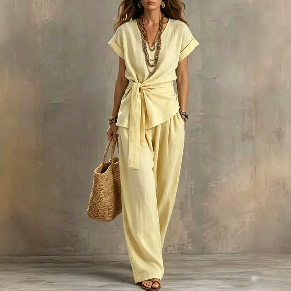 Women's V-neck Pullover Short-Sleeve Pants Set 