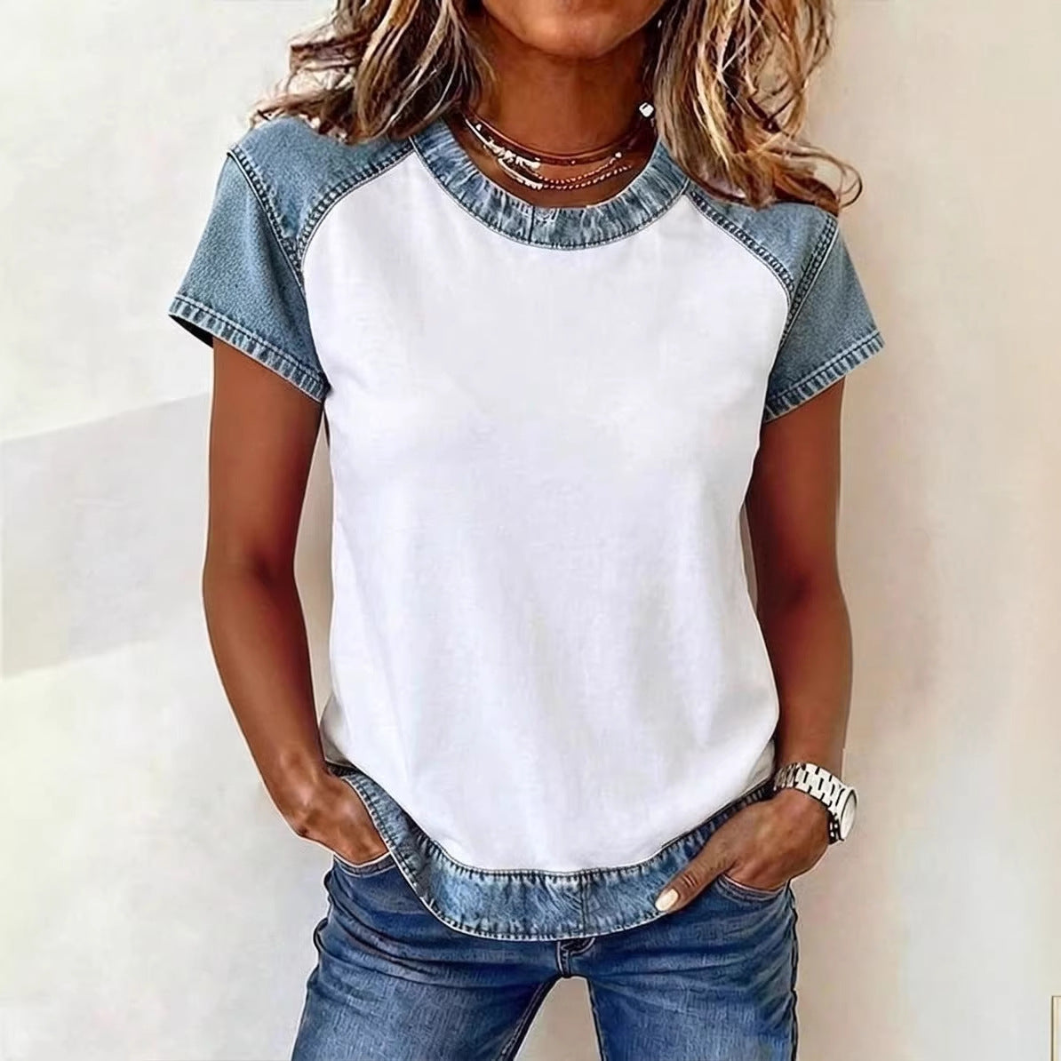 Retro Denim Patchwork Short-sleeve With Creative Elements 