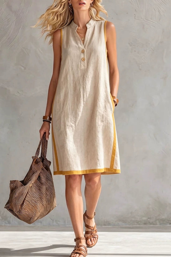 Sleeveless V-neck Pocketed Button Casual Dress 