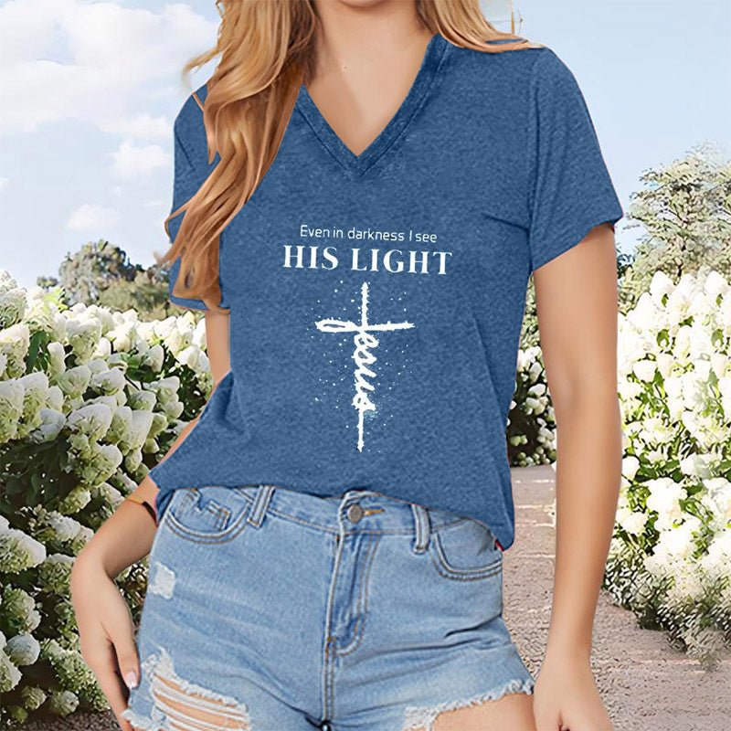 Women's V-Neck T-Shirt Geometric Cross & Stars Print Casual Summer Short Sleeve Top CJ