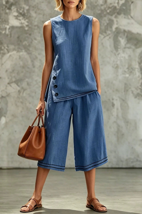 Sleeveless Side-split Tank Top Paired With Wide-leg Cropped Pants Womens Two-piece Set 