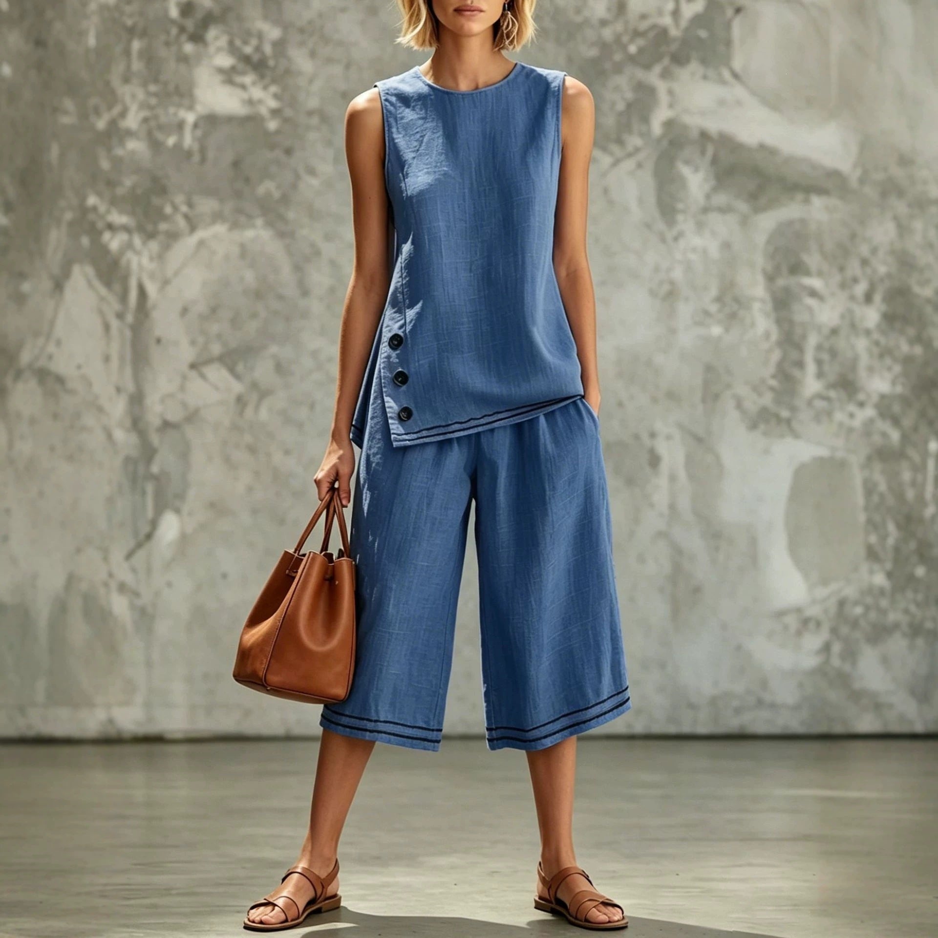 Sleeveless Side-split Tank Top Paired With Wide-leg Cropped Pants Womens Two-piece Set 