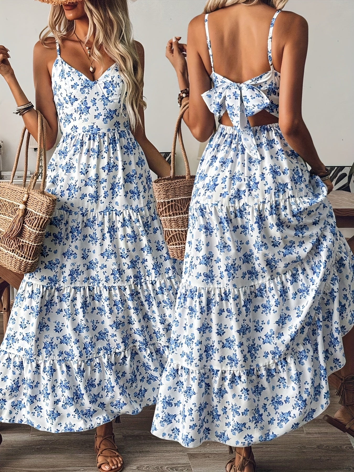 Women’s Floral Backless Maxi Dress – Strappy Dress with Bow & Flowy Skirt CJ US