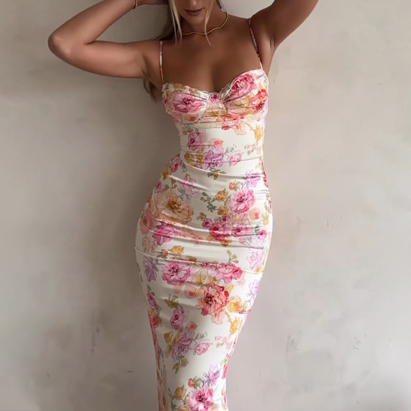 Women's Floral Bodycon Maxi Dress - Sexy Spaghetti Strap Vacation Dress 