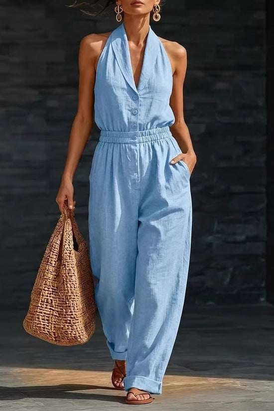 Fashionable Solid-Color Slimming V-Neck Jumpsuit 