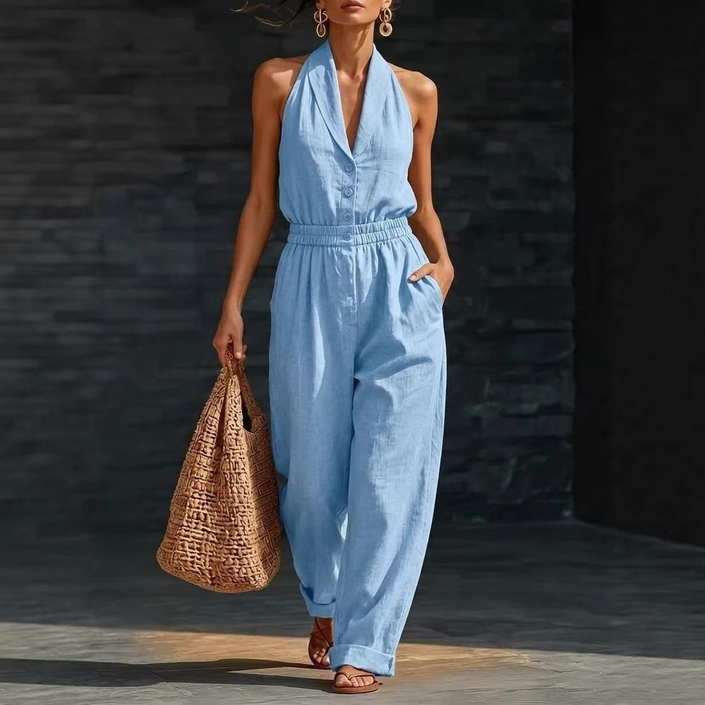 Fashionable Solid-Color Slimming V-Neck Jumpsuit 