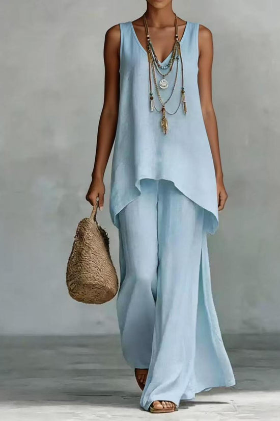 New Casual Bohemian-style Wide-leg Pants And V-neck Vest Set 