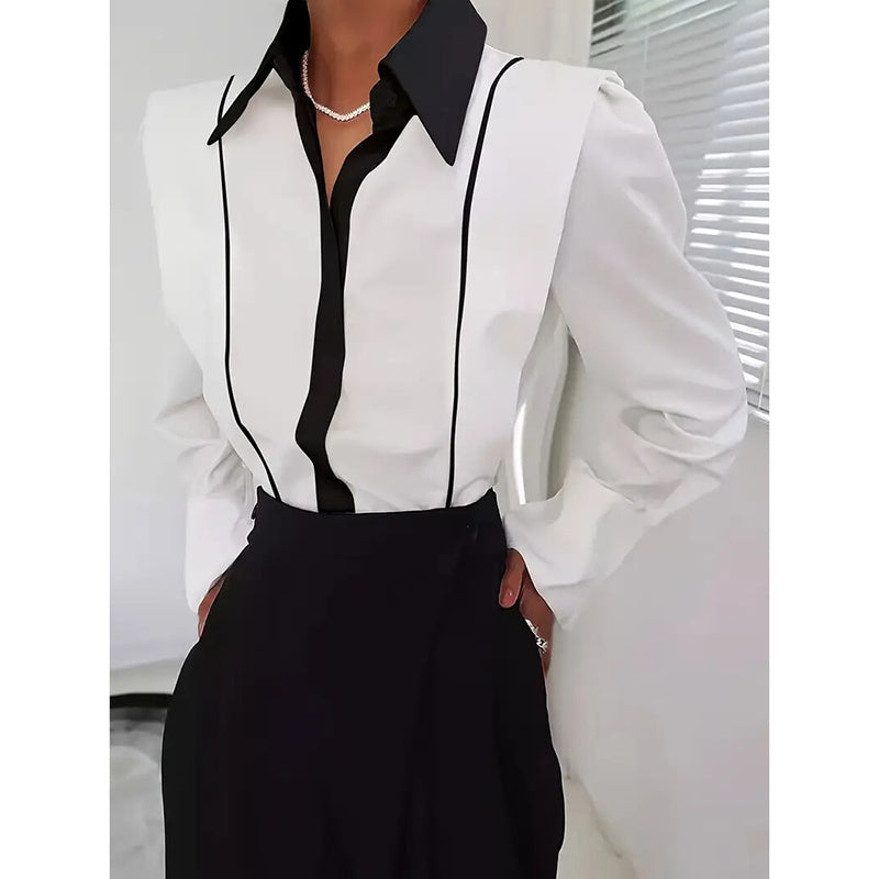 Women's Black & White Colorblock Button Down Shirt, Elegant Long Sleeve Collared Blouse, Office Work Tops CJ US