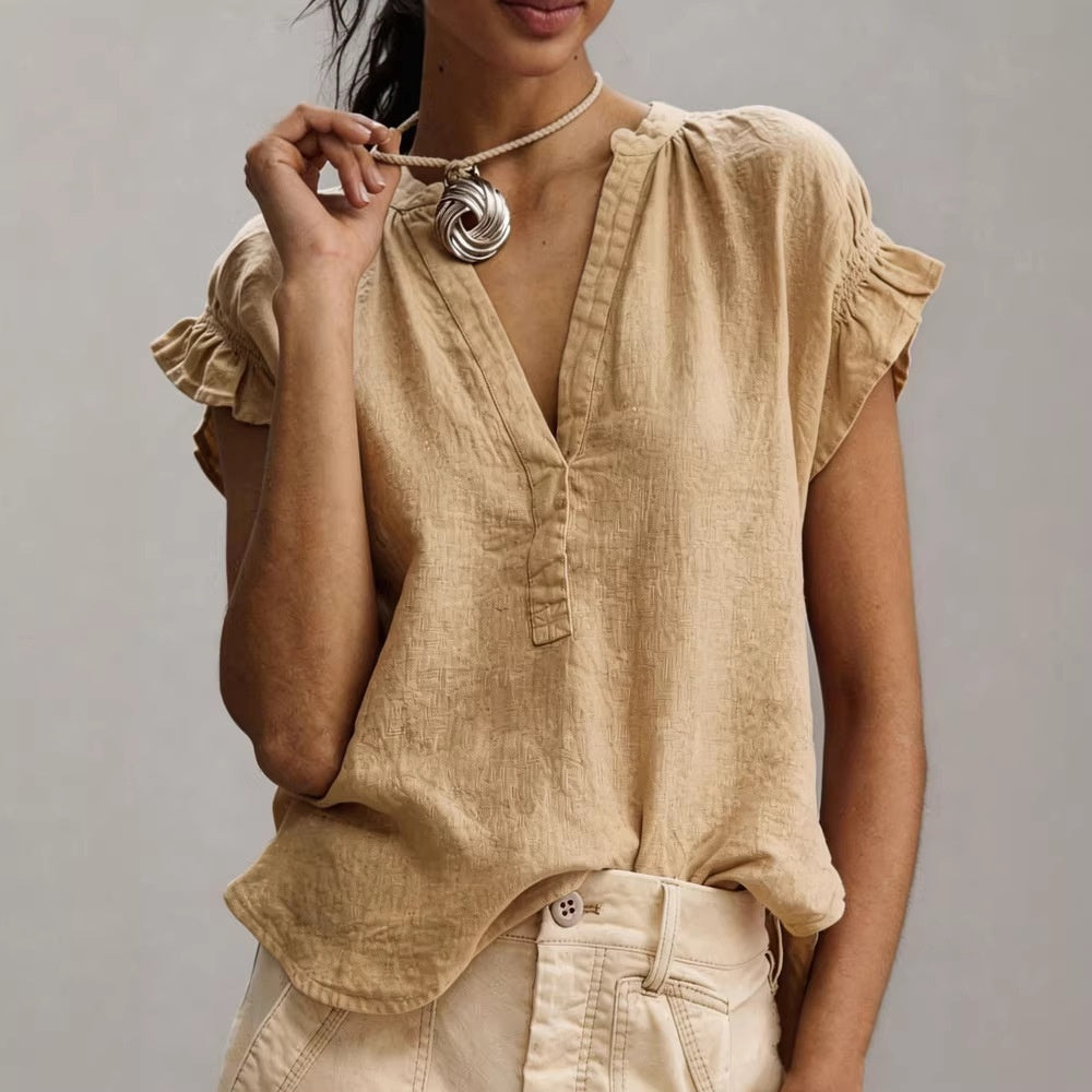 Women's Casual V-Neck Short-Sleeve Solid Color Cotton-Linen Top 