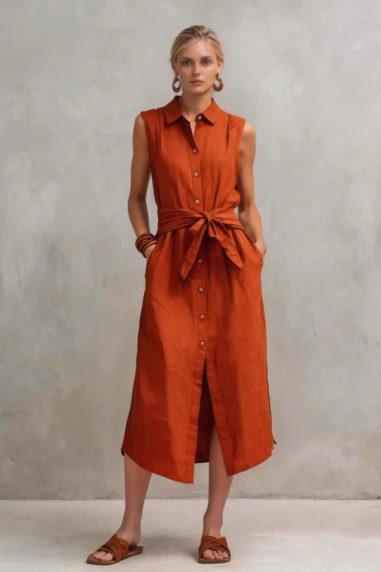 Casual Cotton-Linen Bag-Style Solid-Colored Sleeveless Dress 