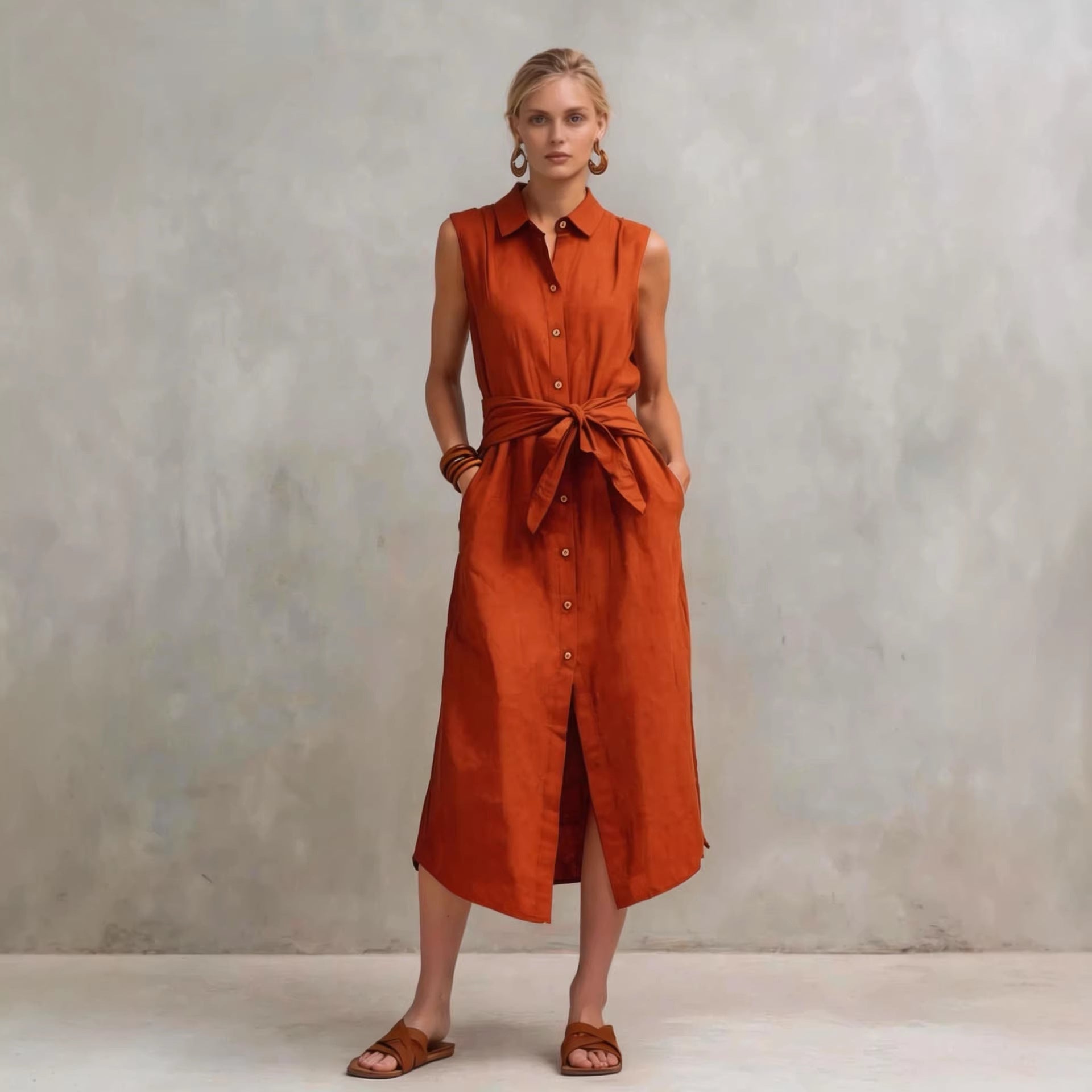 Casual Cotton-Linen Bag-Style Solid-Colored Sleeveless Dress 