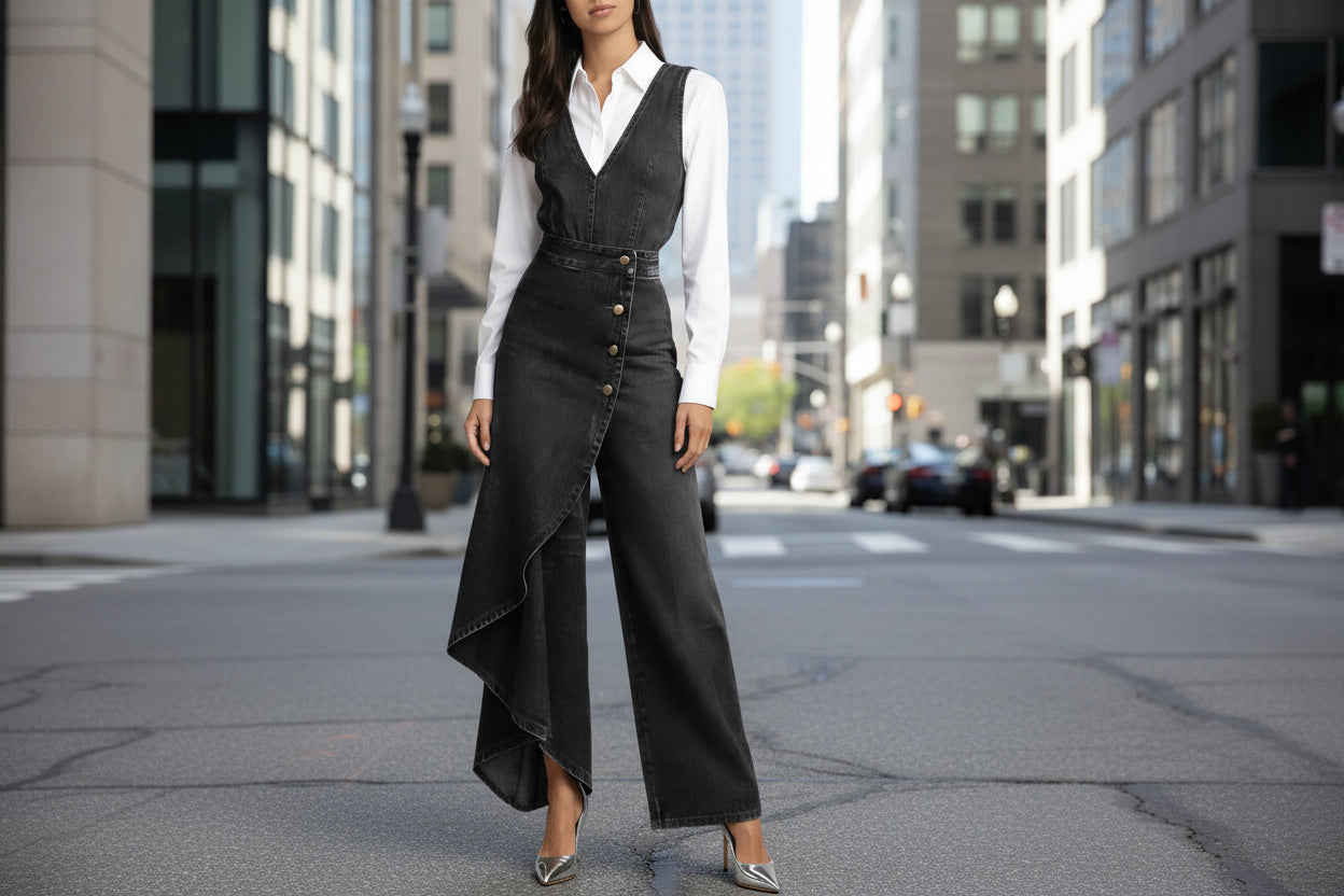 Western-style V-neck Asymmetrical Denim Jumpsuit 