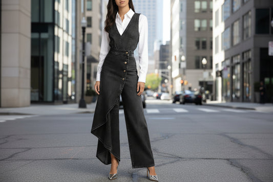 Western-style V-neck Asymmetrical Denim Jumpsuit 