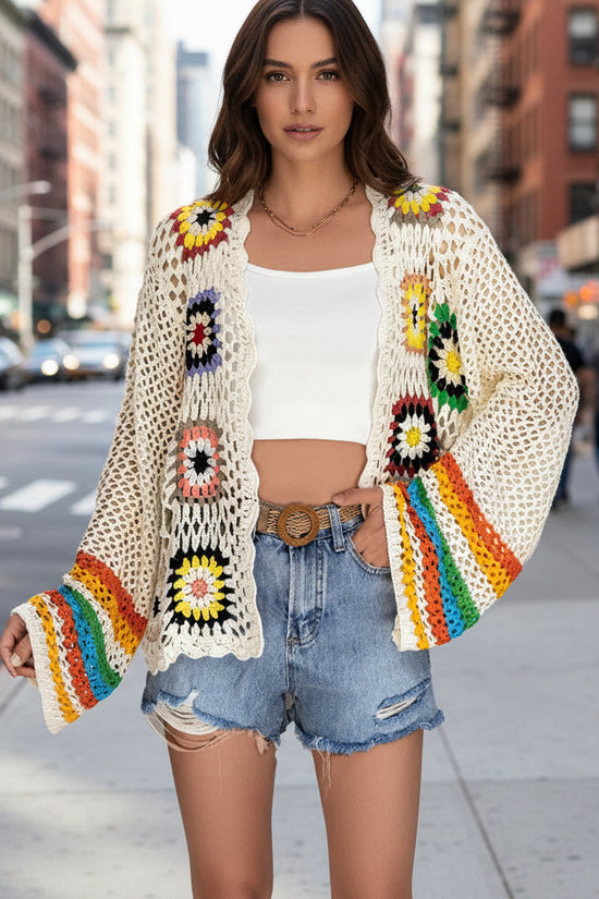 Hand-crocheted Floral Sweater With Random Color Blocks 