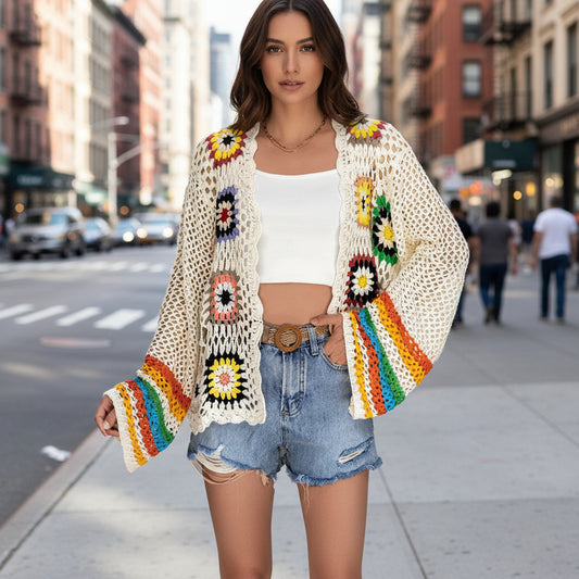 Hand-crocheted Floral Sweater With Random Color Blocks 