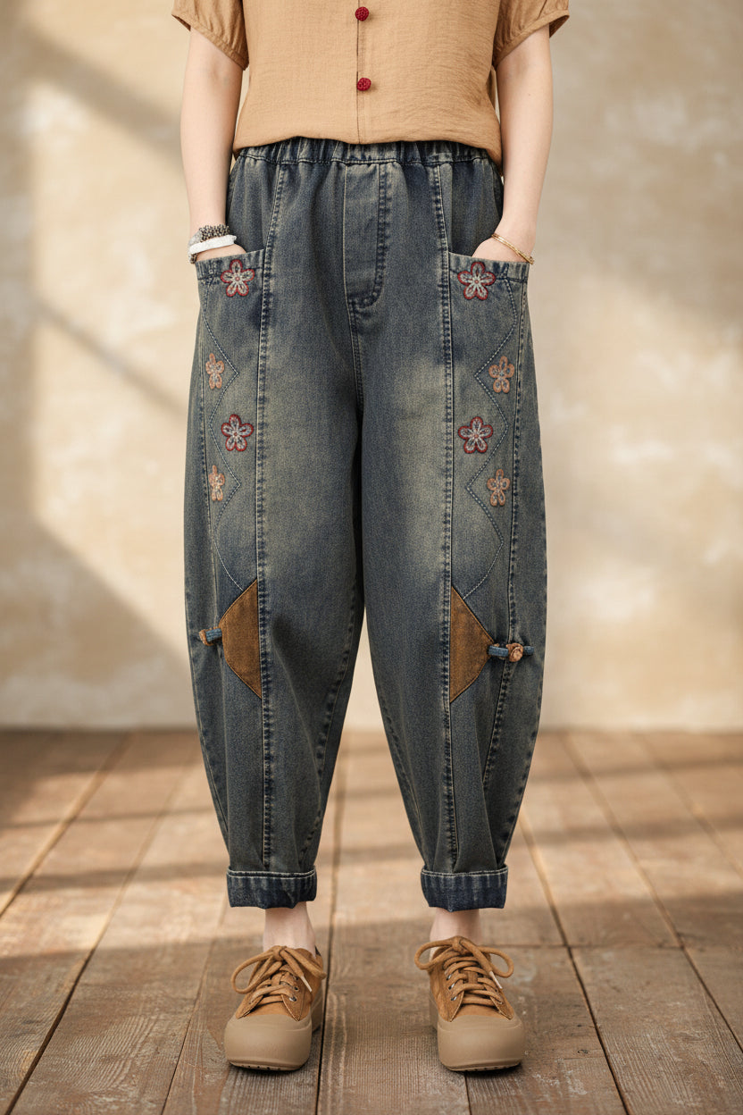 Spring Loose Patchwork Plus-size Cropped Harem Pants 