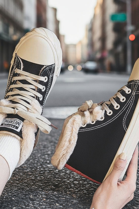 Women's Warm Black Winter Thick Flat High-top With Velvet Canvas Shoes CJ
