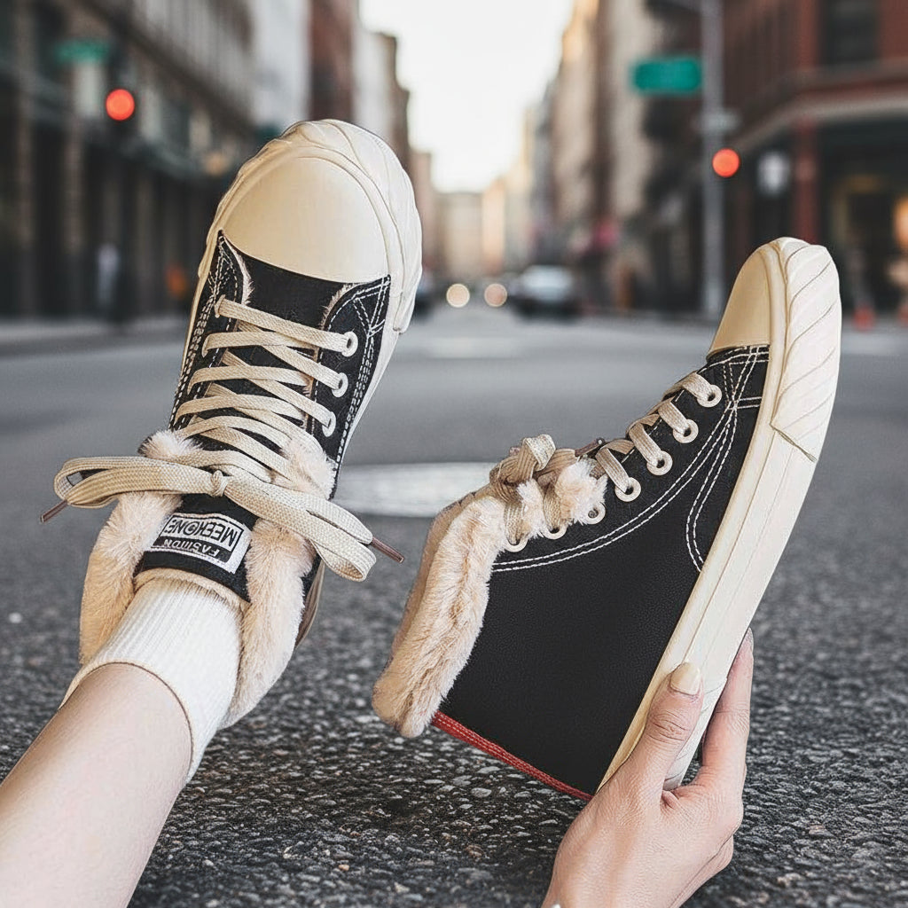 Women's Warm Black Winter Thick Flat High-top With Velvet Canvas Shoes CJ