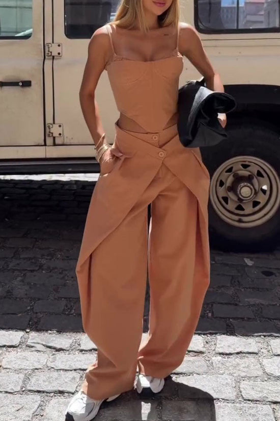 Women's Camel 2-Piece Set - Spaghetti Strap Corset Top & Wrap Waist Wide Leg Pants 