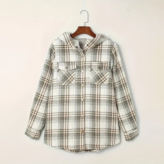 Women's Plaid Button-Up Long Sleeve Jacket Fall Winter  Flap Button Pocket Design Casual Hooded Fleece-Lined Warm Coat CJ US