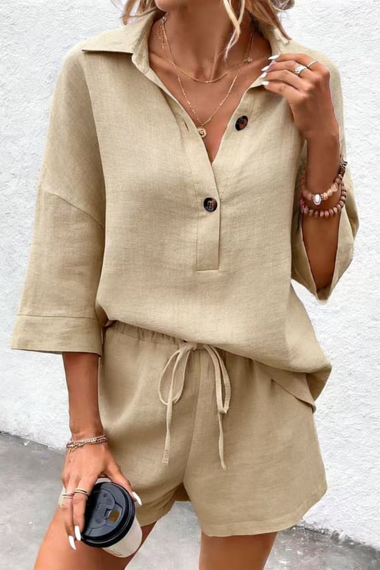 Notch-lapel Short-sleeve Belted Shorts Casual Set 