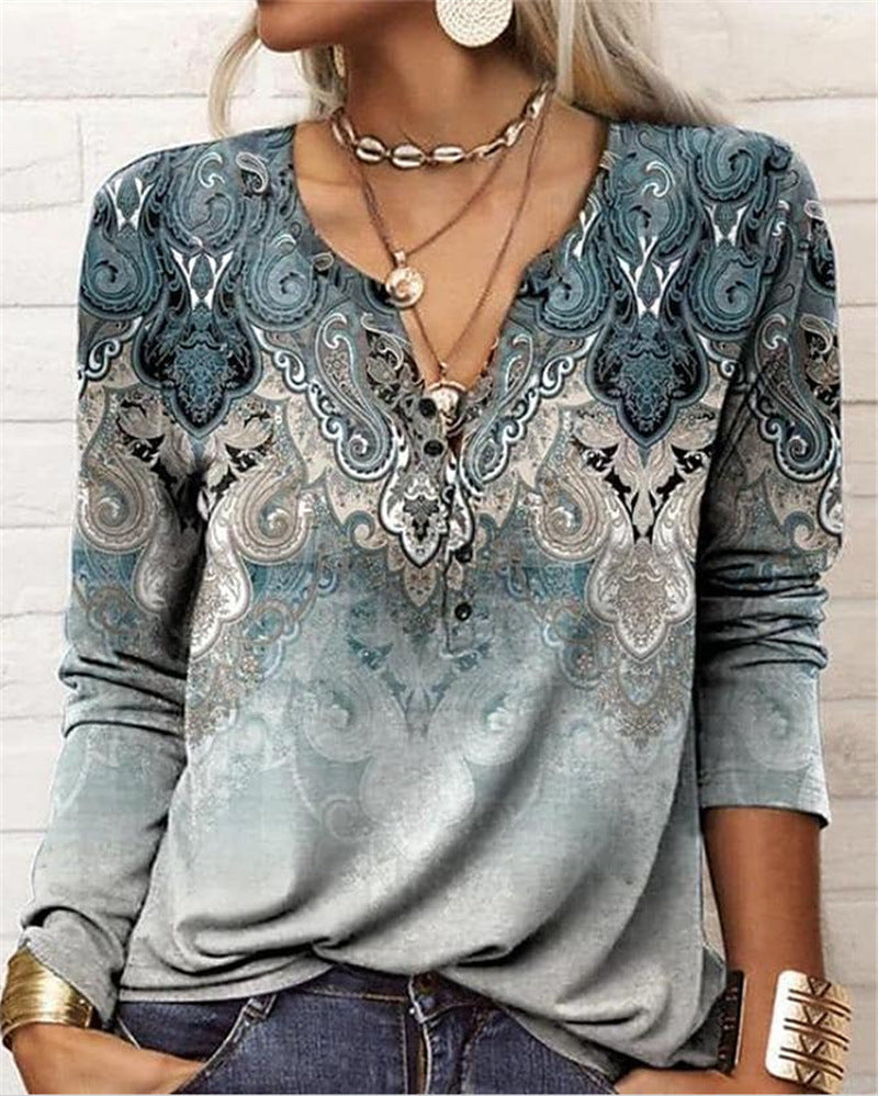 Women's Casual Ethnic Style V-neck Long-sleeved T-shirt 