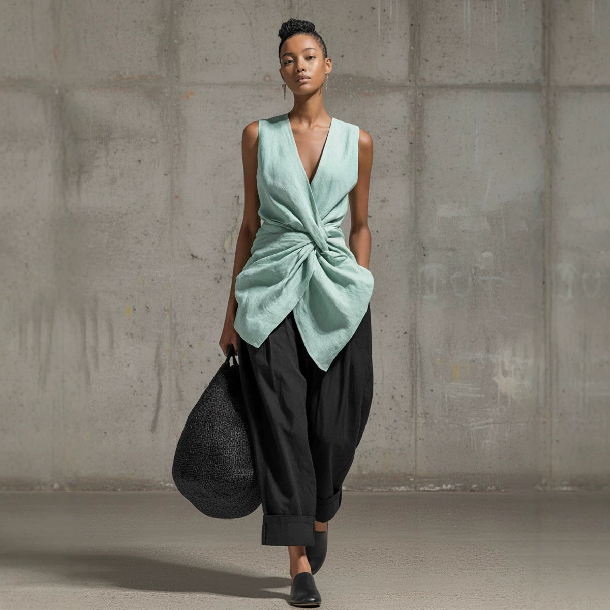 Waist-cinching Tie-front V-neck Sleeveless Top Wide-leg Pantsuit 