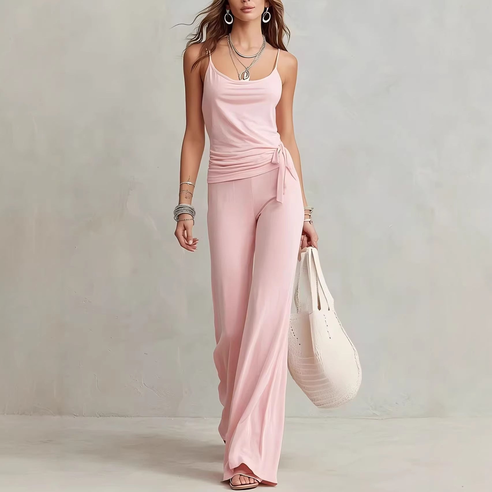 Women's Solid Color Sleeveless Top And Pants Set 