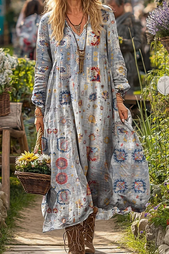 Personalized Retro Chic V-Neck Long-Sleeve Dress 