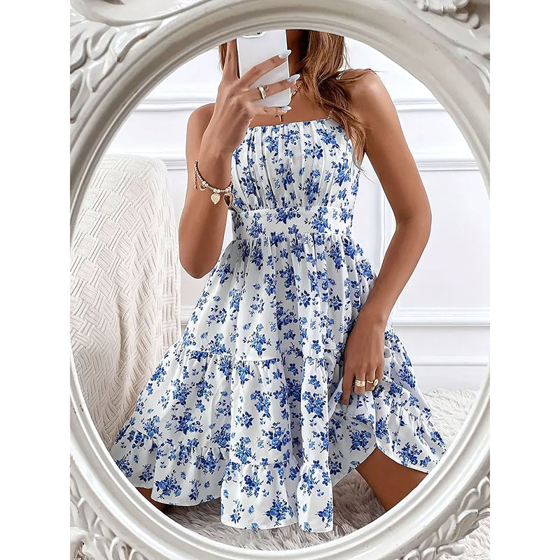 Womens Summer Floral Print Smocked Mini Dress Sleeveless Spaghetti Strap Slim Fit Flowy Dresses CJ