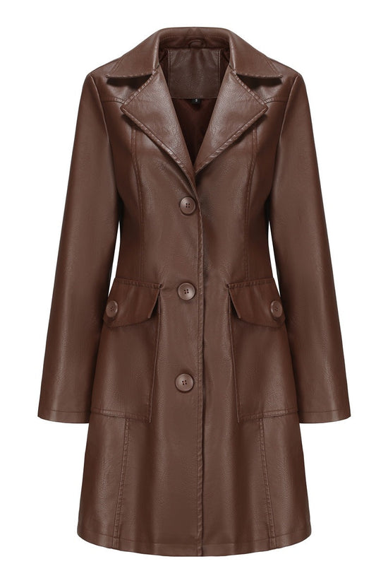 Long Leather Trench Coat Fashionable Outerwear For Women 