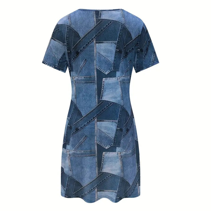 Women's Plus Size Denim Short Sleeve Dress - Digital Print Casual Spring & Summer Dress CJ US