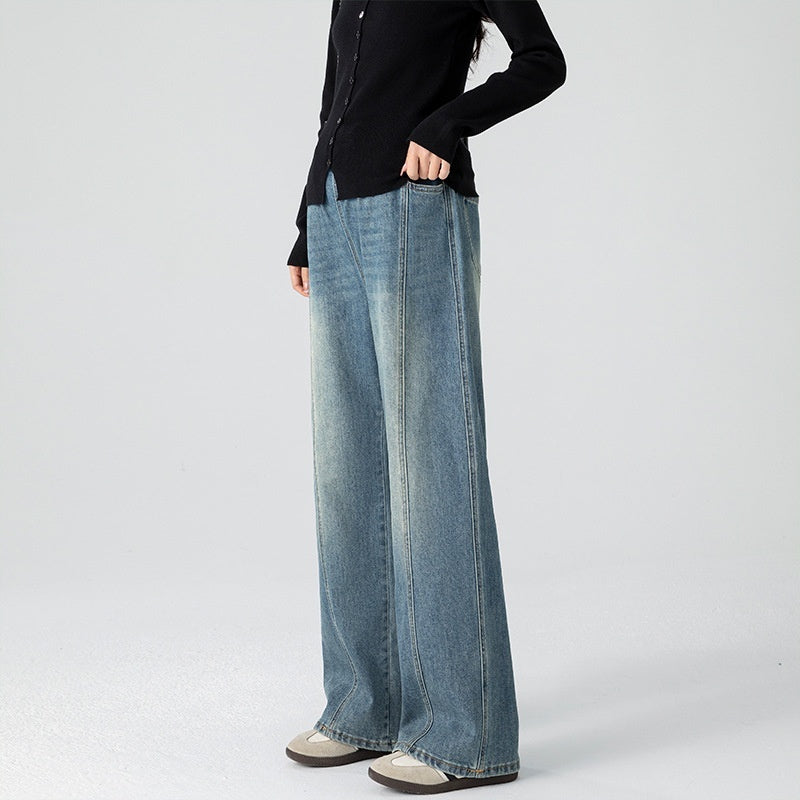 Retro Loose Straight-Leg High-Waist Floor-Length Wide-Leg Maternity Jeans 