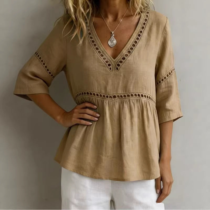 Solid-color V-neck Hollow-out Casual Fringed Top 