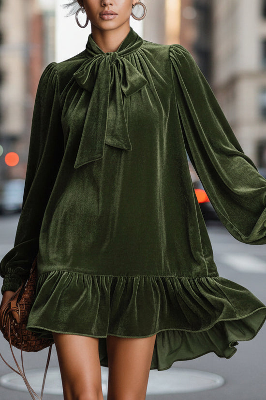Women's Elegant Solid Color Bow Tie Dress With Puff Sleeves & Asymmetric Ruffle Hem, Loose Fit Short Dress For Spring Autumn 